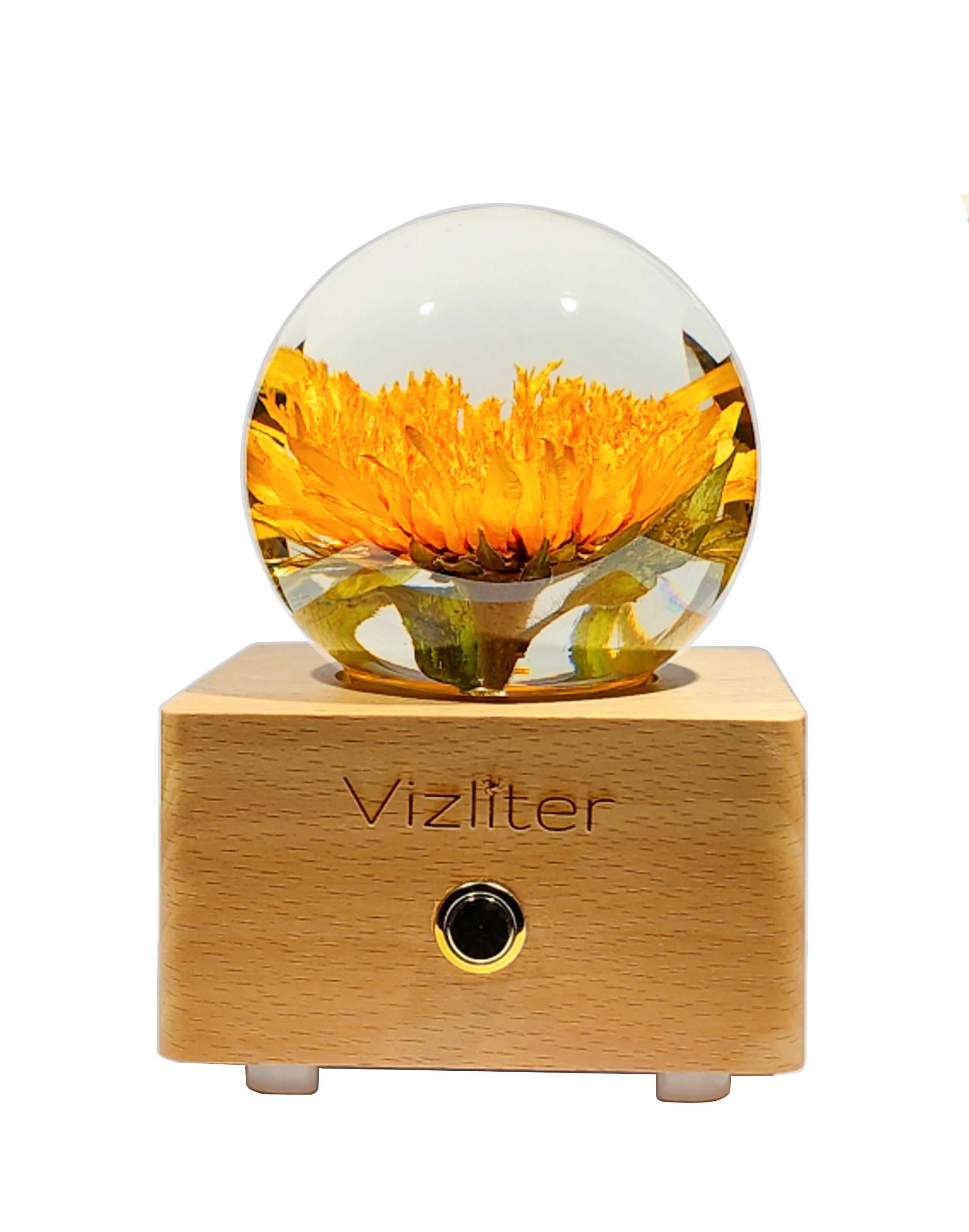 Vizliter Bluetooth Speaker Crystal Ball LED 80mm Lighting Premium Preserved Natural Flower with Wood Base Never Withered Eternal Night Light Sunflower