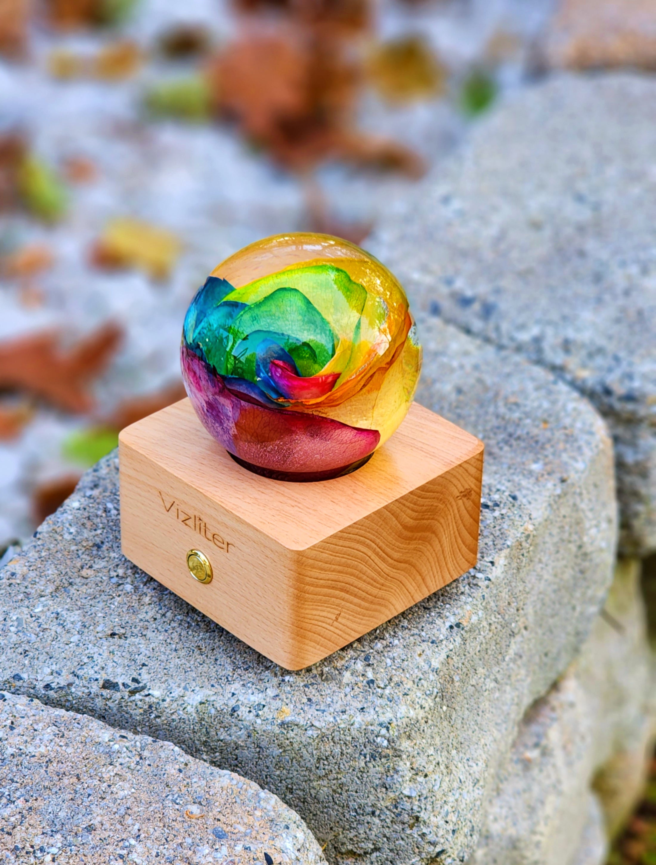 Vizliter Bluetooth Speaker Crystal Ball LED 80mm Lighting Premium Preserved Natural Flower with Wood Base Never Withered Eternal Night Light Rainbow Rose