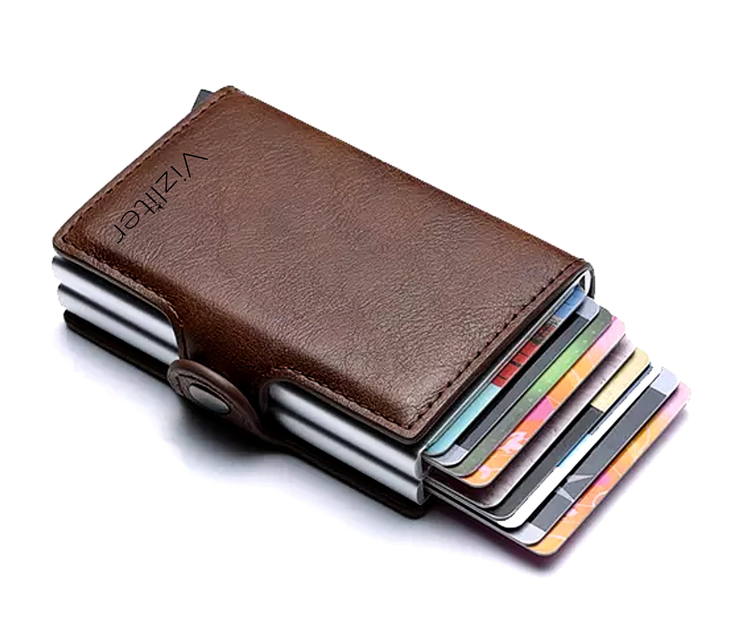Vizliter Minimalist RFID Blocking Wallet, Slim Wallet, Wallets for Men with 2 Slim Pop-up Card Holder, PU Leather Coffee