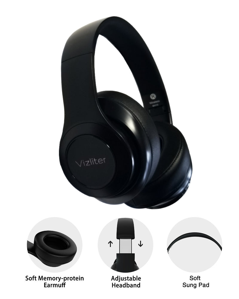 Vizliter Bluetooth Headphones, TWS Deep Bass Wireless Headphones 5.0 with Built-in Mic Soft Earmuffs with LED Lights Noise Cancelling Black