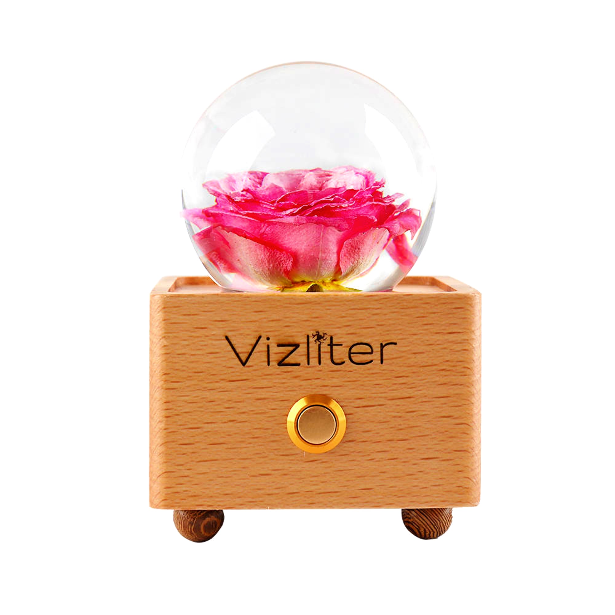 Bluetooth Speakers Crystal Ball LED Light Preserved Fresh Flower with Wood Base Night Light Pink Rose