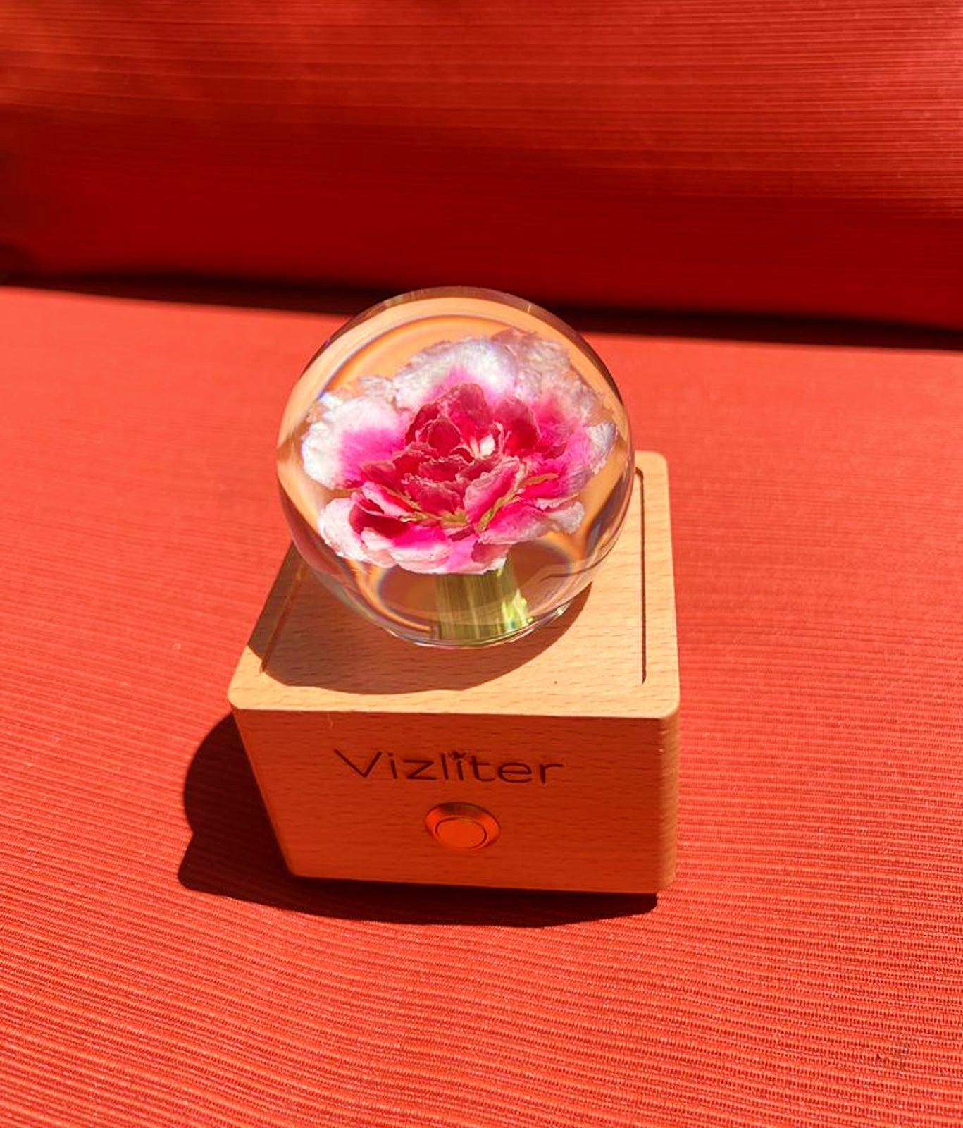 Bluetooth Speakers Crystal Ball LED Light Preserved Fresh Flower with Wood Base Night Light Pink Carnation